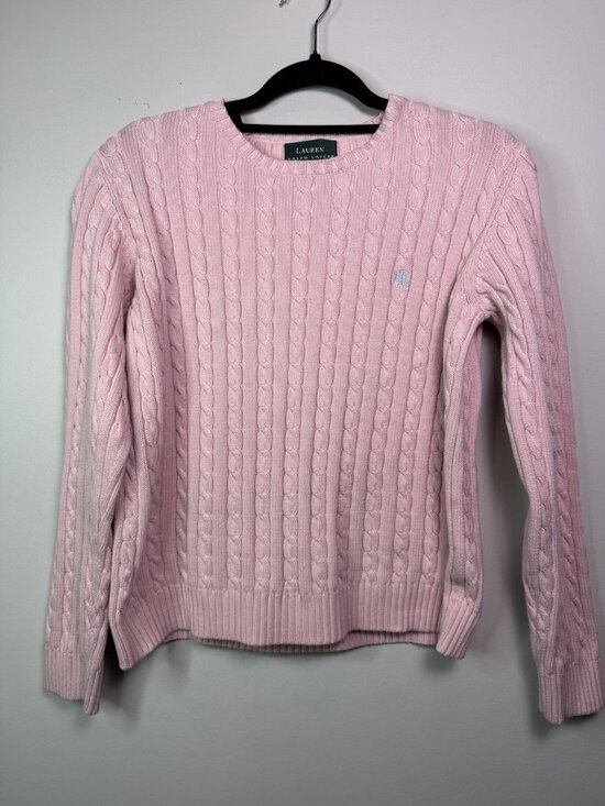 Ralph Lauren Sweaters - VTG Ralph Lauren Womens Cotton Cable Knit Crew Neck Sweater RLL Logo Pink L